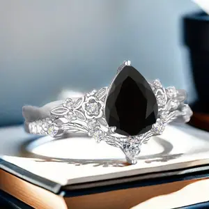 Black Droplet Leaf Cubic Zirconia Couple Rings - Elegant for Wedding/Engagement & Daily Wear, Perfect Gifts for Valentine's, Christmas, Moms, Grandmas & Sisters