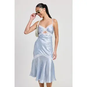 Lace Trim Mini Slip Dress - Satin Spaghetti Strap V-Neckline Women's Fashionable Lightweight Piece for Formal Occasions in Summer - Womenswear - Feminine