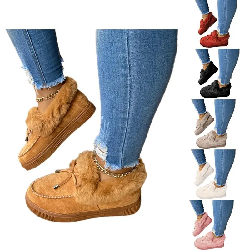 PASLTER Women's Platform Loafers - Slip-On Faux Fur Suede Slippers, Anti-Slip Flat Indoor/Outdoor Shoes, Warm Plush Snow Footwear for Christmas