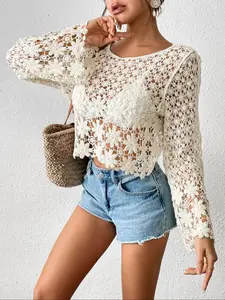 Women's Floral & Geometric Embroidery Hollow Out Crop Sheer Cover Up Top, Casual Long Sleeve Round Neck Cover Up Top for Beach Holiday Vacation, Ladies Clothes for All Seasons