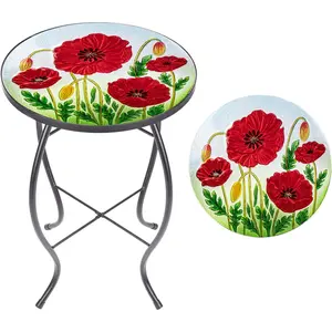 Outdoor Side Table - Small Mosaic Patio Tables, 14" Round Accent End Coffee Glass  Stand for Garden Living Room(Poppy)