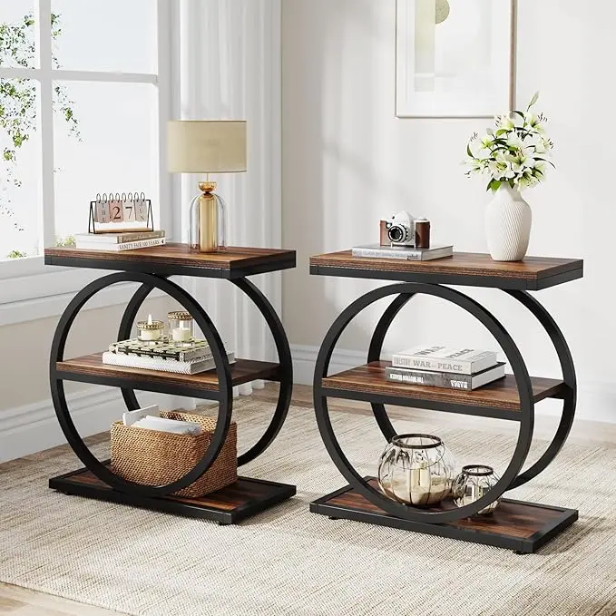Tribesigns End Table Set of 2, Narrow End Table with 3 Storage Shelves, Wooden Side Table, Industrial Small Sofa Side Table for Living Room, Slim Nightstand and Bedside Table for Bedroom