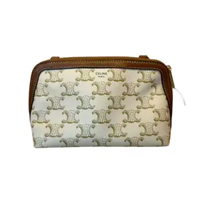 Pre-owned Celine Triomphe Pouch, White Monogram Canvas with Brown Leather Trim, Zipper Closure