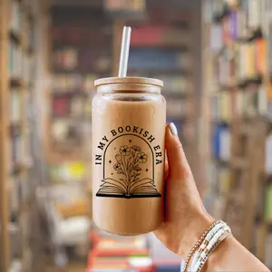 In my Bookish Era Glass Cup - Book Lover Drinkware with bamboo lid and straw - Book Cup - Bookworm Iced Coffee Cup Tumbler