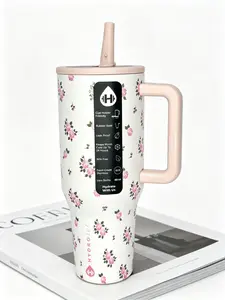 HydroJug 40oz Pink Rose Print Insulated Stainless Steel Tumbler - BPA-Free Drinkware with Handle, Straw, Leakproof Lid, 24H Cold Retention, Car Cup Friendly, Cute Floral Water Bottle