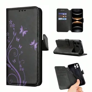 Purple Vines And Butterflies Patterned Magnetic Flip-Style Card Holder Phone Case Is Made Of Leather And Is Compatible With IPhone 17/17 Pro Max/17 Air/16/15/14/13/12/11. It's An Ideal Gift For Christmas, New Year's, Valentine's Day, And Easter, And Perf