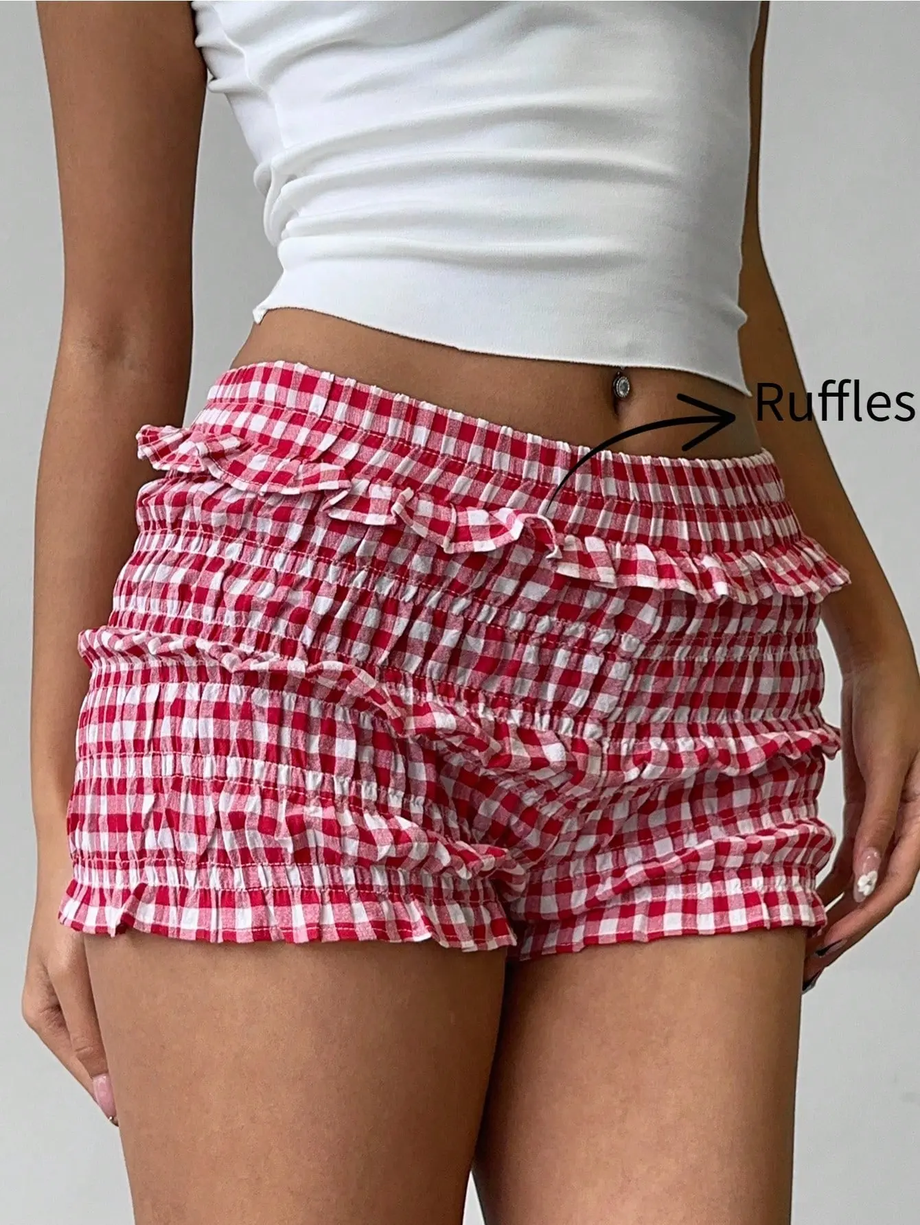 TAKEROOT Women's Red White Gingham Ruffle Trim Casual Shorts Sweet Countryside Holiday Style Spring Summer