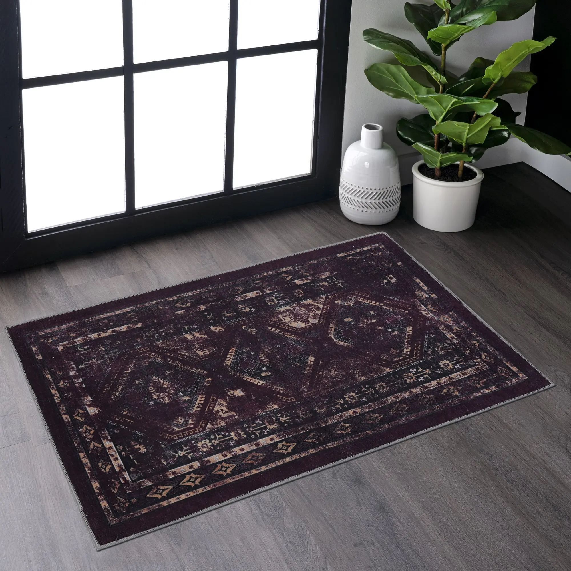 YYDS Naar 2x3 Machine Washable Area Rugs, Low-Pile, Non-Slip, Non-Shedding, Foldable, Kid & Pet Friendly, Area Rugs for living room, bedroom, kitchen, dining room rug - Perfect Gifts, (Black+Burgundy, 2x3)