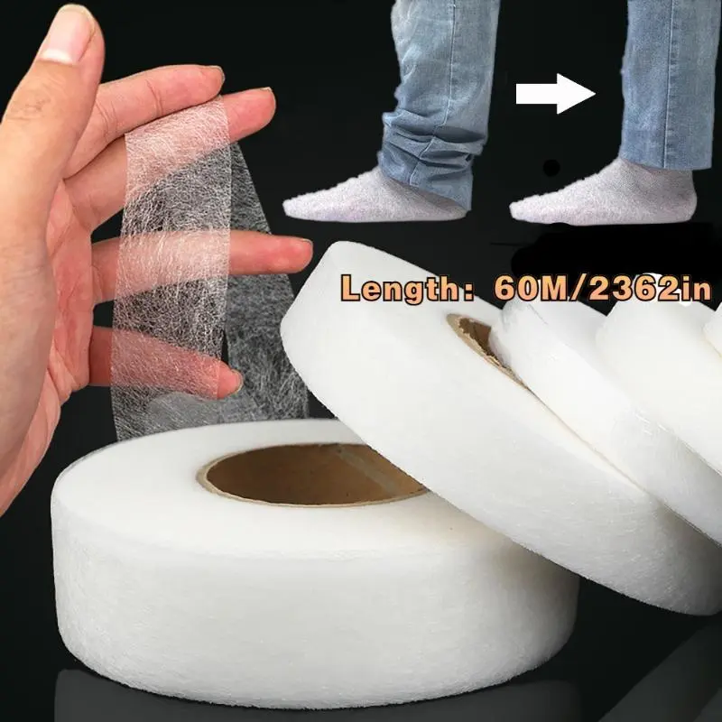 1 Roll - 2362.2inch White Double-Sided Non-Woven Interlining Adhesive Tape, Iron-On Hemming Tape for Pants & Clothes - Waterproof, Long Lasting Bond, Easy Edge Shortening & Repair Solution, Ideal for DIY Sewing Projects, Clothing Repair