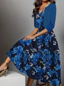 Elegant Slim Two-piece Dress Set for Women: Floral Print Sleeveless V-neck Dress & Open Front Crop Top - Comfortable All-season & Machine Washable