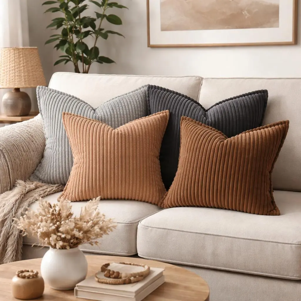FSJfam Set of 2 Square Ribbed Corduroy Home Decorative Cushion Covers - 18x18 in & 20x20 in, Durable Modern Farmhouse Indoor Decor, Soft Stripes, Clean Flange Edges, Hidden Zipper, Wrinkle Resistant for Bedroom, Living Room