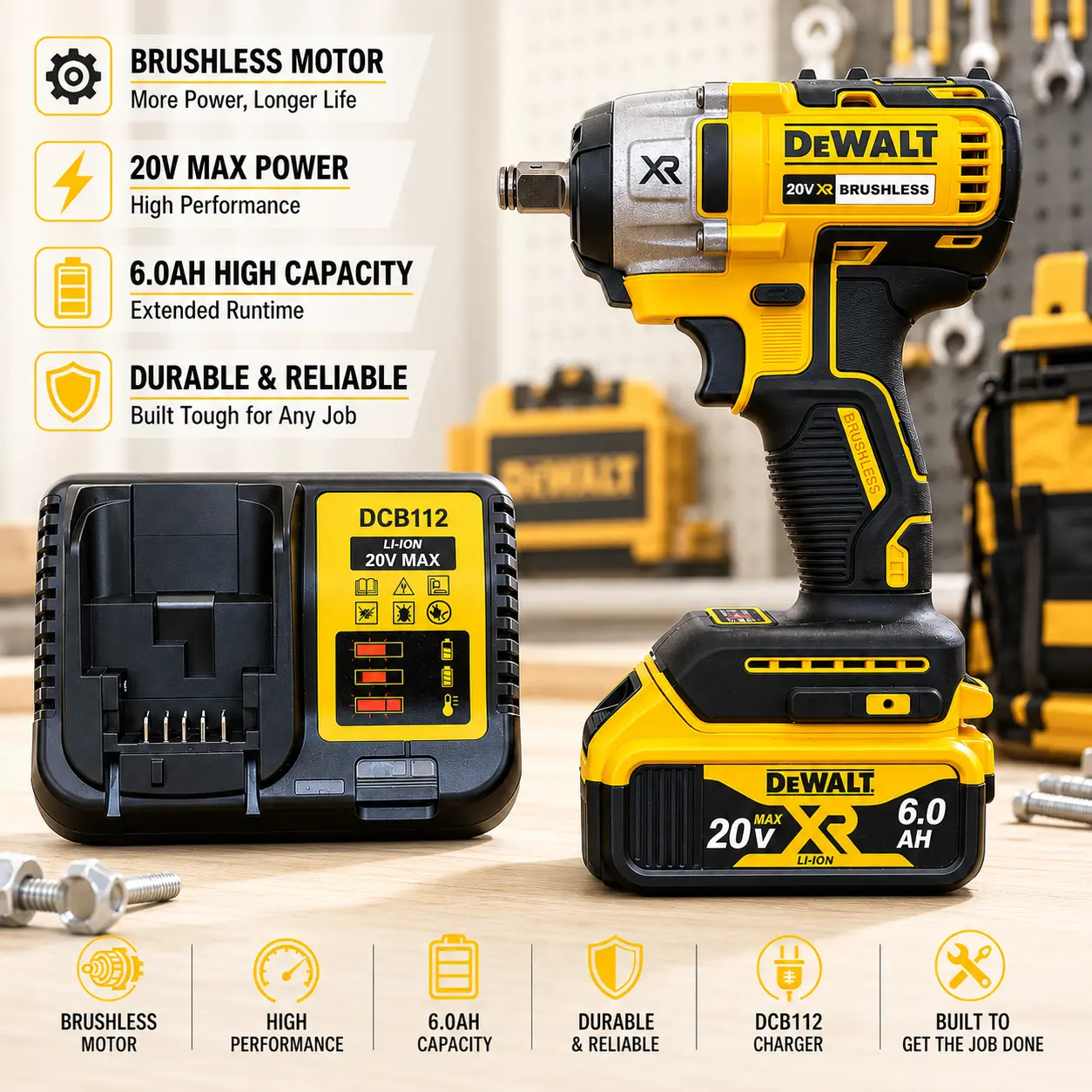 Dewalt DCF880 Brushless Impact Wrench - 20V Versatile Cordless Impact Power Tool with 205Nm Torque, 1Battery 1Charger 1Toolkit, Rechargeable for Tire Repair & Hardware Tasks (Ideal for DIY Enthusiasts)