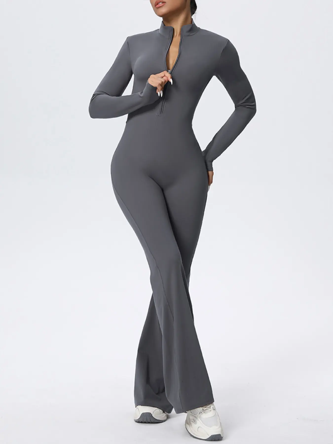 Women's Sports Jumpsuit High Elastic Zipper Long Sleeves Long Pants Jumpsuit Solid Color Tight Body Fitness Yoga Uniform Sporty Yoga Jumpsuit Stretchy Sports Jumpsuit