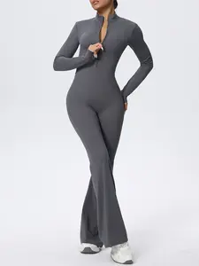 Women's Sports Jumpsuit High Elastic Zipper Long Sleeves Long Pants Jumpsuit Solid Color Tight Body Fitness Yoga Uniform Workout Jumpsuit