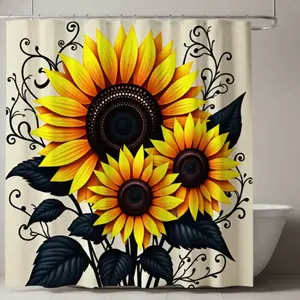 1/4pcs Sunflower Holiday Design Shower Curtain Set, featuring a holiday design, non-slip mat, U-shaped rug, and toilet seat cover. Perfect for bathroom decoration and beautifying the space. Includes 12 shower curtain hooks. Bathroom Decoration Accessories