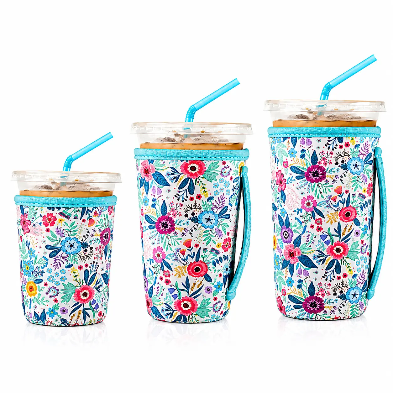 3 Pack Neoprene Cup Sleeves with Handles, Reusable Insulated Coffee Cup Holders in Small Medium & Large Sizes, Condensation Protection Drink Sleeves for Iced Coffee, Boba, Tea & Cold Drinks