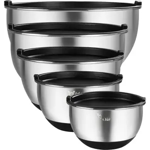 Mixing Bowls with Airtight , Stainless Steel Nesting Mixing Bowls Set of 5, with Non-slip  Bottoms, Size 8, 5, 3, 2, 1.5 QT, Stackable Design,  for Mixing and Prepping