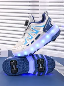 Boys' LED Light-Up Roller Skates, PU Leather Four-Wheel Inline Skates, USB Rechargeable, Detachable Wheels, All-Season Sports Shoes