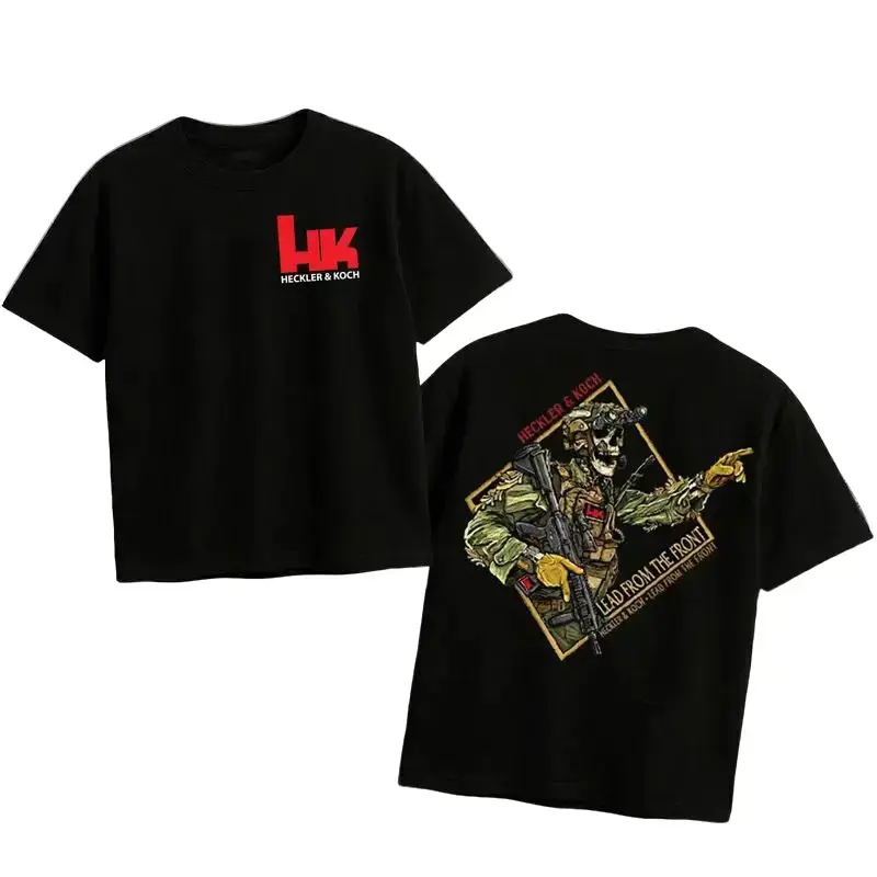 Heckler & Koch "Lead from the Front" Tactical Back Print T-Shirt – Front Logo Graphic Tee, Skeleton Operator with Rifle Illustration, Premium Heavyweight Cotton Apparel, Menswear Top Streetwear Casual