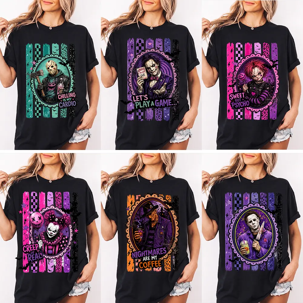 Halloween Horror Graphic Shirt, Creepy Retro Character Tee, Spooky Killer Inspired T-Shirt, Vintage Halloween Shirt, Horror Movie Lover Gift, Preppy Horror Shirt Bundle, Pink Spooky Shirt, Cute Creepy Characters, Retro Halloween Shirt