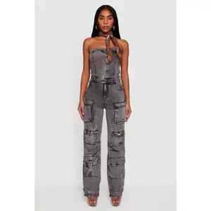 Acid Wash Strapless Button Front Utility Jumpsuit