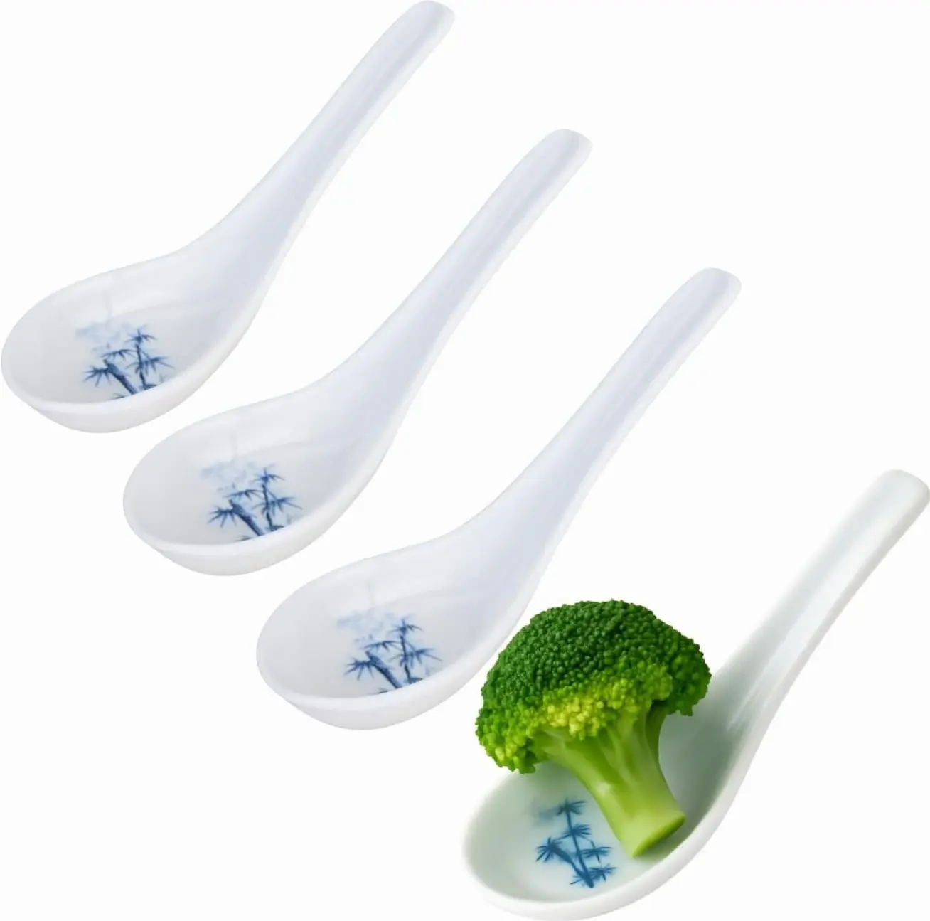 2323x4 Set of 4 White Bamboo Japanese Soup Spoons, 5 Inch Ramen Pho Wonton Miso Rice Spoons