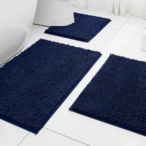 3-Piece Bathroom Non-Slip Mat Set, Dense Chenille Long Pile Absorbent Rug, Includes Toilet Lid U-Shaped Pedestal Pad, Tpr Bottom Bath Mat Accessories, Bathroom Mats