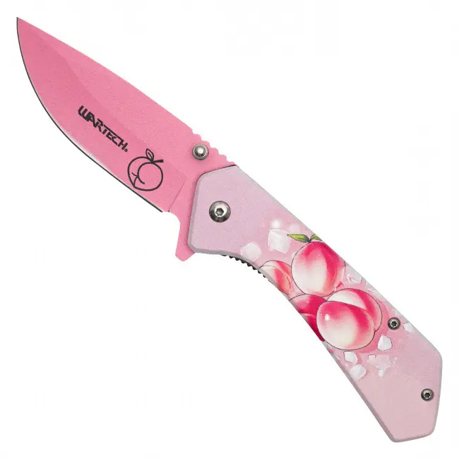 Big Thick Peach Pocket Knife – Pink Fruit Artwork – Sweet Summer Collectible – Orchard Inspired – Peach Lover Gift – Assisted Opening Folder – Botanical Design