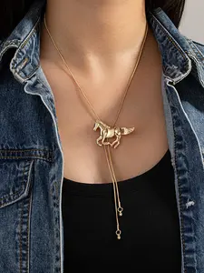 Western Mustang Design Adjustable Necklace, Vintage Snake Chain, Polo Tie Style Unique Sweater Chain, Fashion Jewelry Accessory, Classic Statement Necklace
