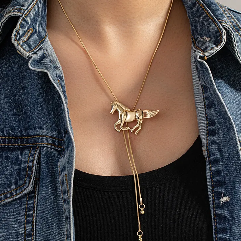 Western Mustang Design Adjustable Necklace, Vintage Snake Chain, Polo Tie Style Unique Sweater Chain, Fashion Jewelry Accessory, Classic Statement Necklace, Alloy Necklace, Alloy Pendant Necklace