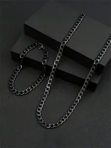 Men's Stainless Steel Cuban Chain & Bracelet Set, Fashionable Personalized Jewelry Gift for Father's Day