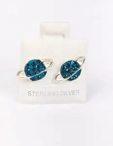 Saturn Planet CZ Turquoise Stud Earrings (8.5mm) - 925 Sterling Silver