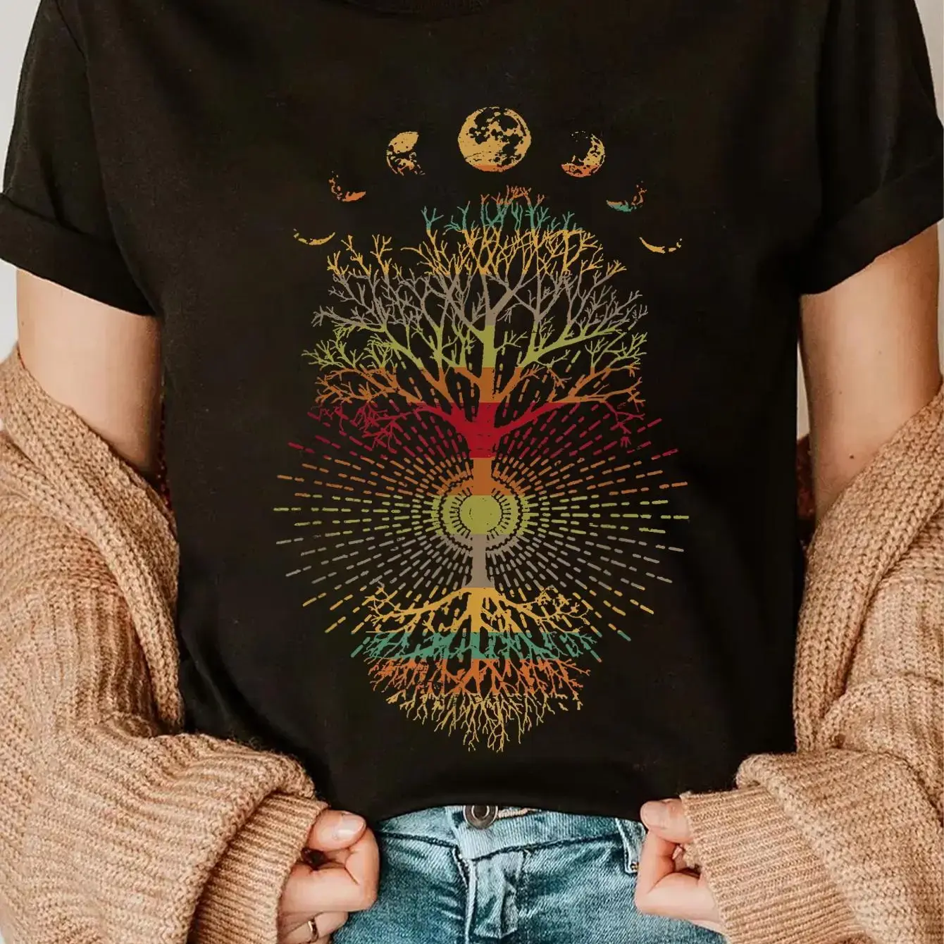 Men's 100% Cotton Short-Sleeve T-Shirt - Retro 60's-70's Vibe, Phases of the Moon & Tree of Life Printed, Casual Fit Summer Top
