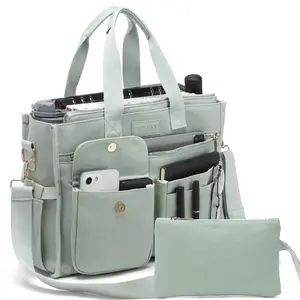 2Pcs Canvas Tote Bag for Women, 14-Pocket Large Utility Work Bag with Zipper & Pouch. Aesthetic Multi Compartment Crossbody Shoulder Purse Fits Laptop. Teacher Nurse Student School Travel Gym Handbag