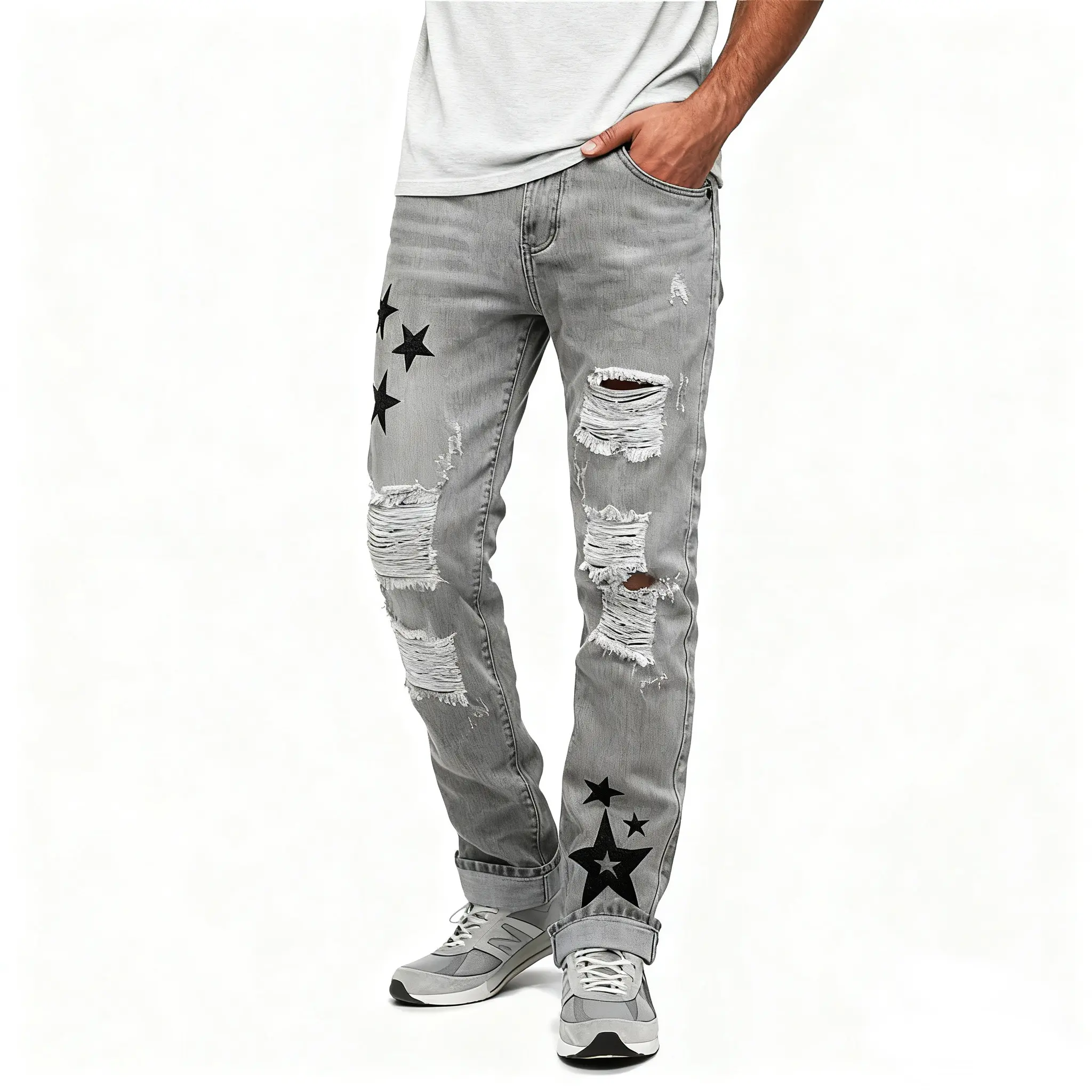 Men's ripped regular fit jeans,Men's Retro Comfort Ripped Embroidered Jeans , Straight Casual American High Street Long Pants Streetwear Stylish Black Graphic