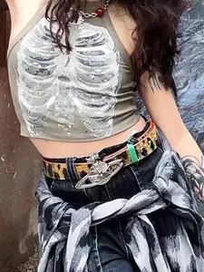 Women's 2024 Summer Army Green Rib Sleeveless Crop Vest - Punk Aesthetic Cyber Retro X-Ray Skeleton Print, Designer Lady Clothes for Emo Style