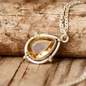 Teardrop Citrine Necklace | Sterling Silver Citrine Crystal Necklace, Boho Gemstone Jewelry, Unique Citrine Necklace for Women