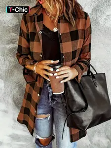 Women's Plaid Check Shirt Jacket, Long Sleeve Button Front Fitted Blouse, Casual Fashion for All Seasons, Ladies' Stylish Outerwear, Womenswear