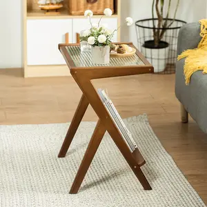 Rattan bedside table, bamboo bedside ornament table, glass coffee table, Bohemian style storage side table, suitable for living room/bedroom/balcony, brown