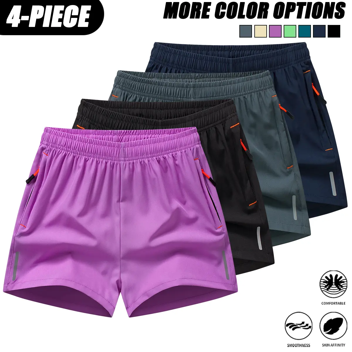 4PCS Women’s Summer Quick-Dry Running Shorts, made from quick-drying and breathable fabric, suitable for comfortable exercise. These women’s athletic shorts are quarter-length, feature a casual sporty style, include zippered pockets, and have an elastic w