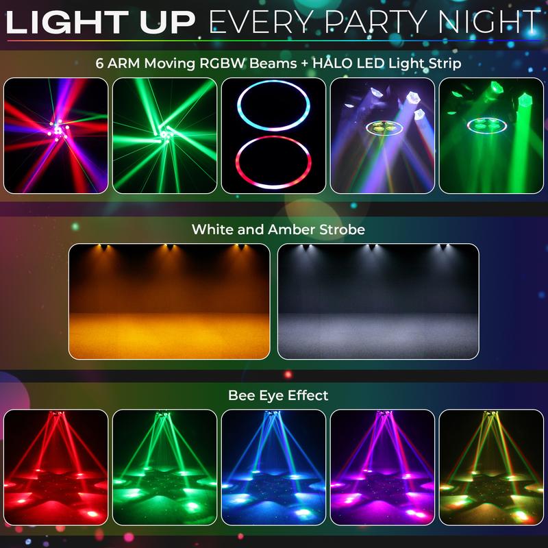Professional DJ Light 6-Arm 150W Moving Head RGBW Bee-Eye Beam with LED Halo Ring DMX512 26 Channel Laser Starry Sky White Amber Strobe Sound Activated for Events