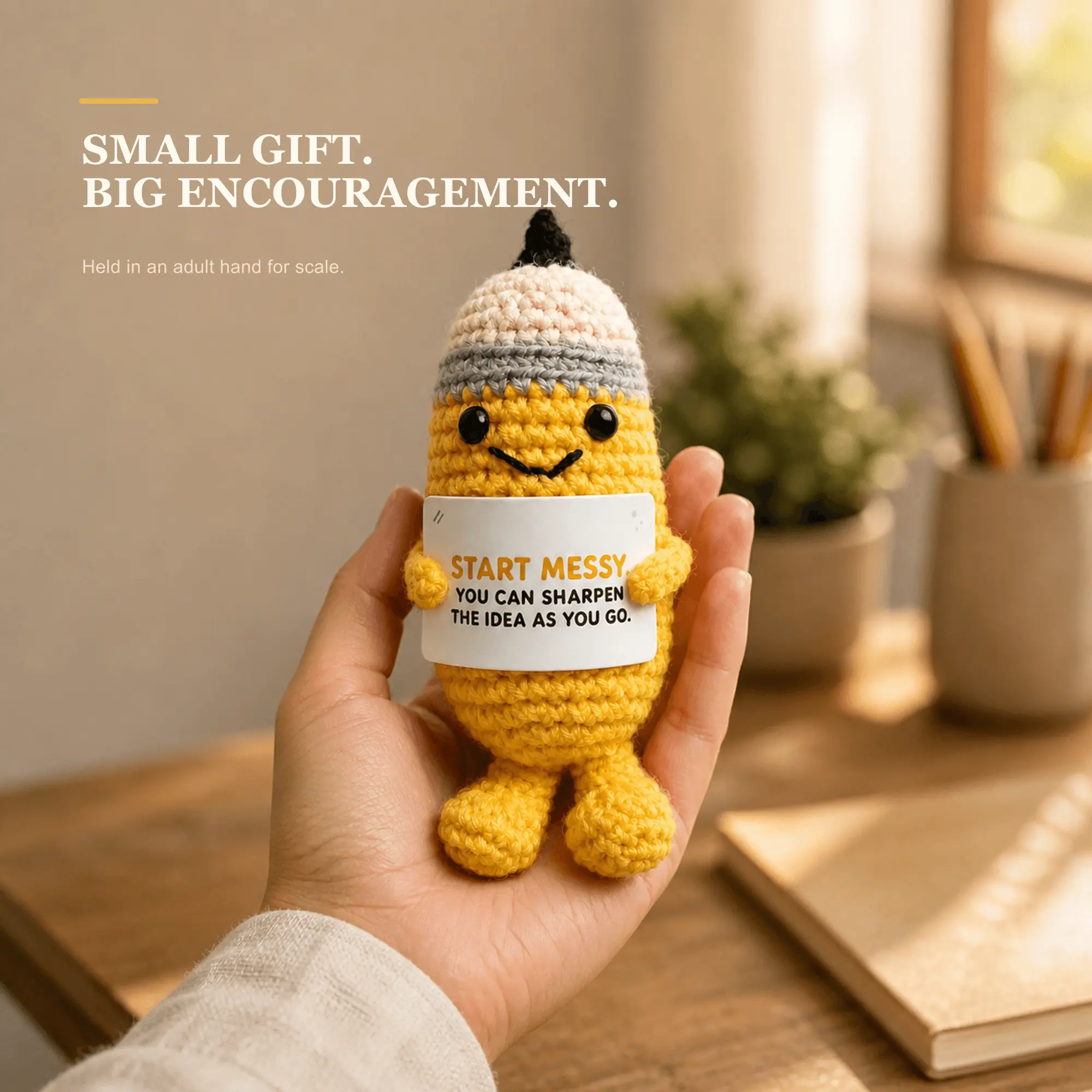 Positive Crochet Pencil Doll with Creative Encouragement Card | Creative desk gift for teachers, students, artists and writers; pencil character with start-messy encouragement
