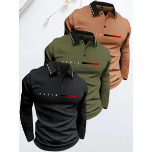 3PCS Men's Spring & Fall Casual Long Sleeve T-Shirt Polo Shirt with Paris Letter Print Pattern Fashionable Lightweight Top, Perfect Gift for Husband or Boyfriend, Suitable for Street Style, Commuting, Outdoor Activities, Vacation Wear SpringStatements