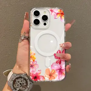 Soft Girl Magnetic Case for iPhone11/12/13/14/15/16/17/promax, Tropical Flowers Border Lightweight, Drop-Proof, MagSafe Compatible | Perfect for Teen Girls