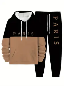 Men's Paris Letter Colorblock Hoodie Set, Casual Fall Winter, Long Sleeve Plaid Patchwork Design
