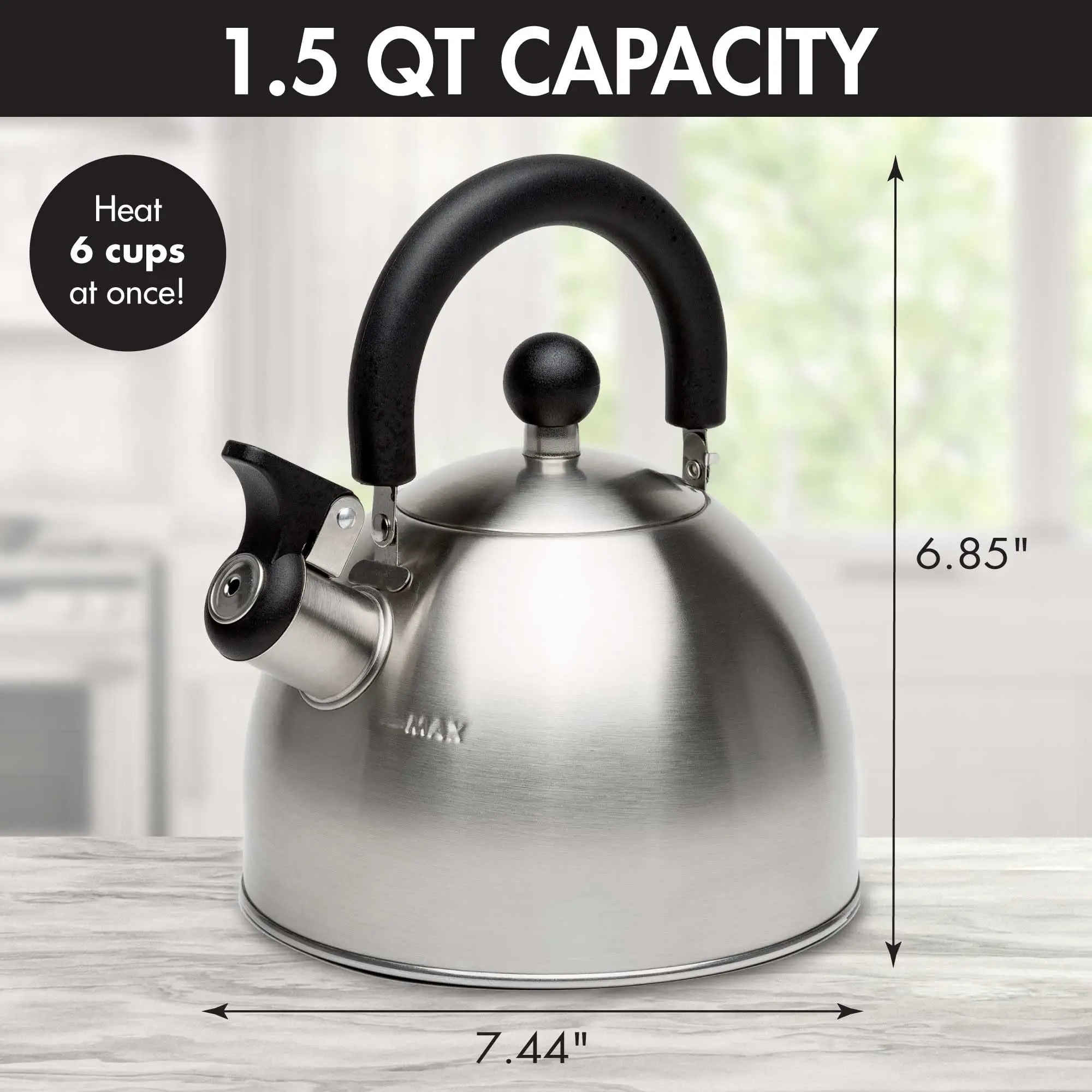 Primula Stewart Whistling Stainless Steel Stovetop Tea Kettle, 1.5-Qt Brushed Silver with Black Cool-Touch Folding Handle, Fast-Boil Whistling Spout Kitchen Tea-Making Drinkware
