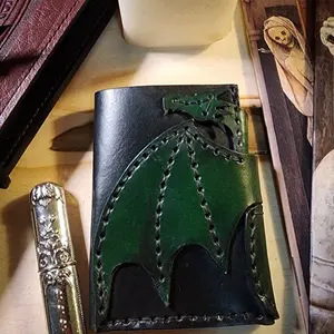 Handcrafted Leather Dragon Wallet - Green & Black Design with Intricate Stitching and Unique Dragon Embroidery