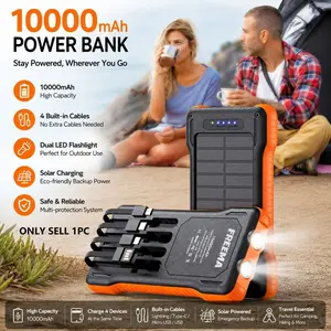10000mah Solar Power Bank with 4 Charging Cables, Dual LED Flashlight, Portable Mobile Charger for Travel, Outdoor Activities, Compatible with All Devices