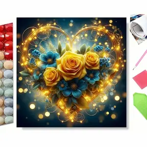 5D Diamond Painting Kit - Golden Heart Wreath with Yellow Roses & Blue Flowers | Full Round Drill DIY Art for Romantic Home Decor | Valentine's Day Craft Gift for Adults, Handicraft