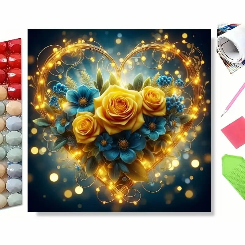 5D Diamond Painting Kit - Golden Heart Wreath with Yellow Roses & Blue Flowers | Full Round Drill DIY Art for Romantic Home Decor | Valentine's Day Craft Gift for Adults, Handicraft